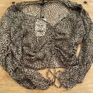 NWT Zara sheer leopard print cropped v neck ruched y2k blouse SM